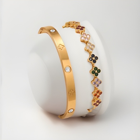 18K Gold Plated Multi clover Bracelet Bangle SET stainless steel Womens Jewelry - Picture 2 of 9